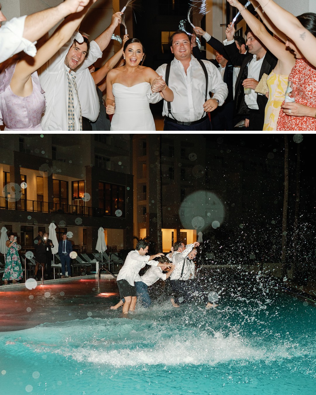 Two-part image showing a wedding celebration: In the top part, a bride and groom walk joyfully under an arch of sparklers held by cheering guests. In the bottom part, the groom and several guests splash playfully in a swimming pool at night, fully clothed.