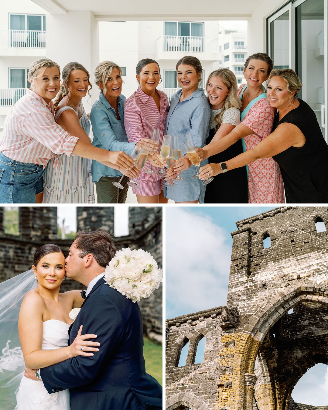 A collage of three images: Top: A group of eight women celebrating with champagne indoors, all smiling. Bottom left: A bride and groom embracing; the bride wears a white dress with a veil, and the groom a dark suit. Bottom right: An exterior wall of a historic stone building.