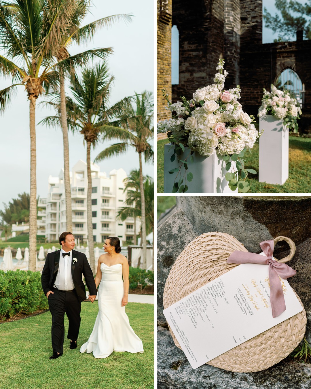 A collage of three images from a wedding: a couple in wedding attire walking hand-in-hand on a lawn with palm trees and a hotel in the background; elegant flower arrangements in vases at an outdoor venue; a woven heart-shaped fan with a wedding program placed on a rock.