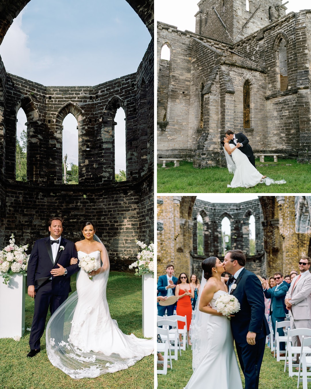 Three images of a wedding ceremony held at the ruins of an old stone building. The couple stands together in front of an altar, kisses on the grass, and shares a kiss while guests, seated in rows, cheer. The setting features arched windows and aged stonework.