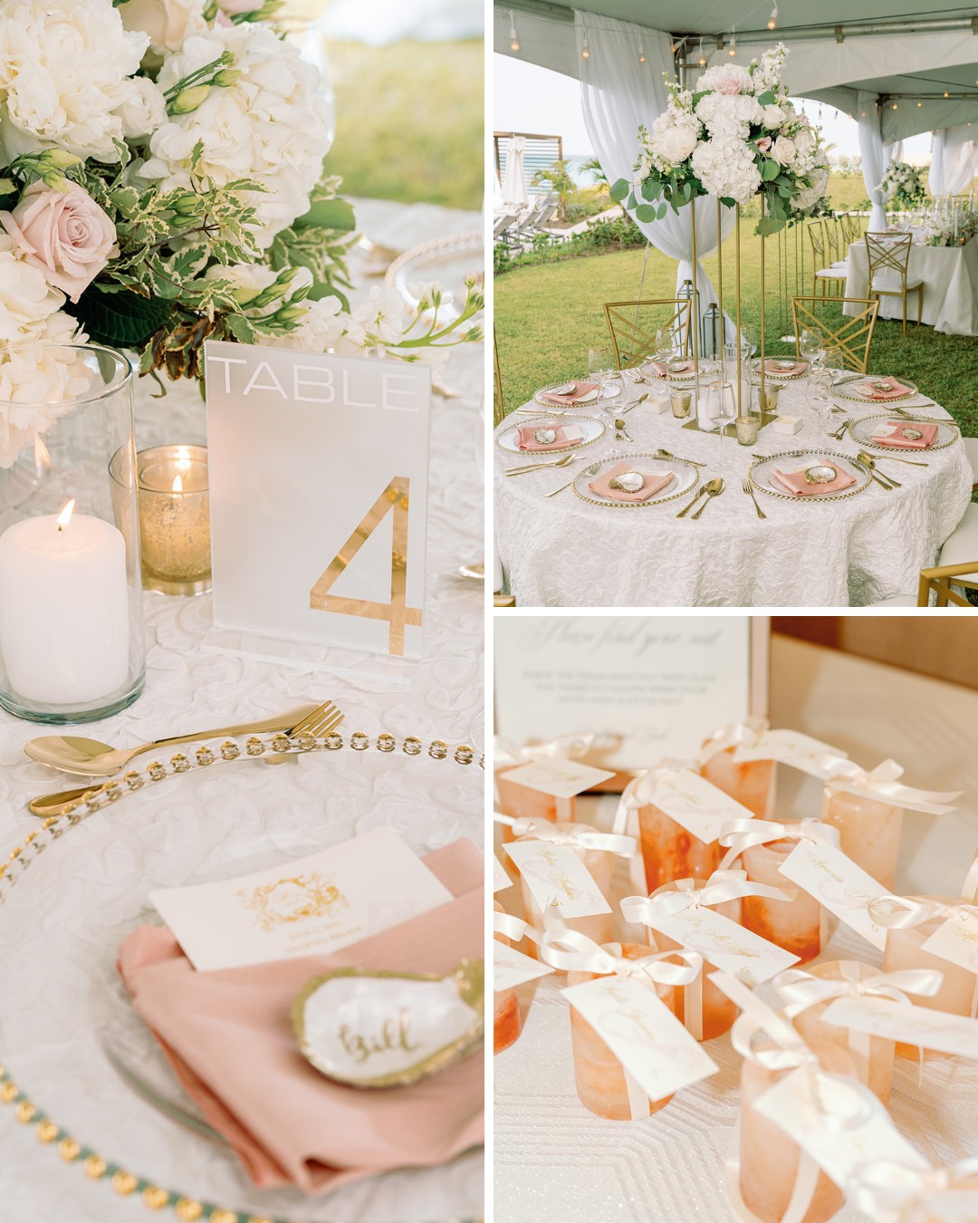 A wedding reception table adorned with white and pink flowers, a "Table 4" sign, and candles. The table is elegantly set with gold-accented tableware and blush pink napkins. Nearby, small peach-colored favors with white ribbons are neatly arranged on a table.