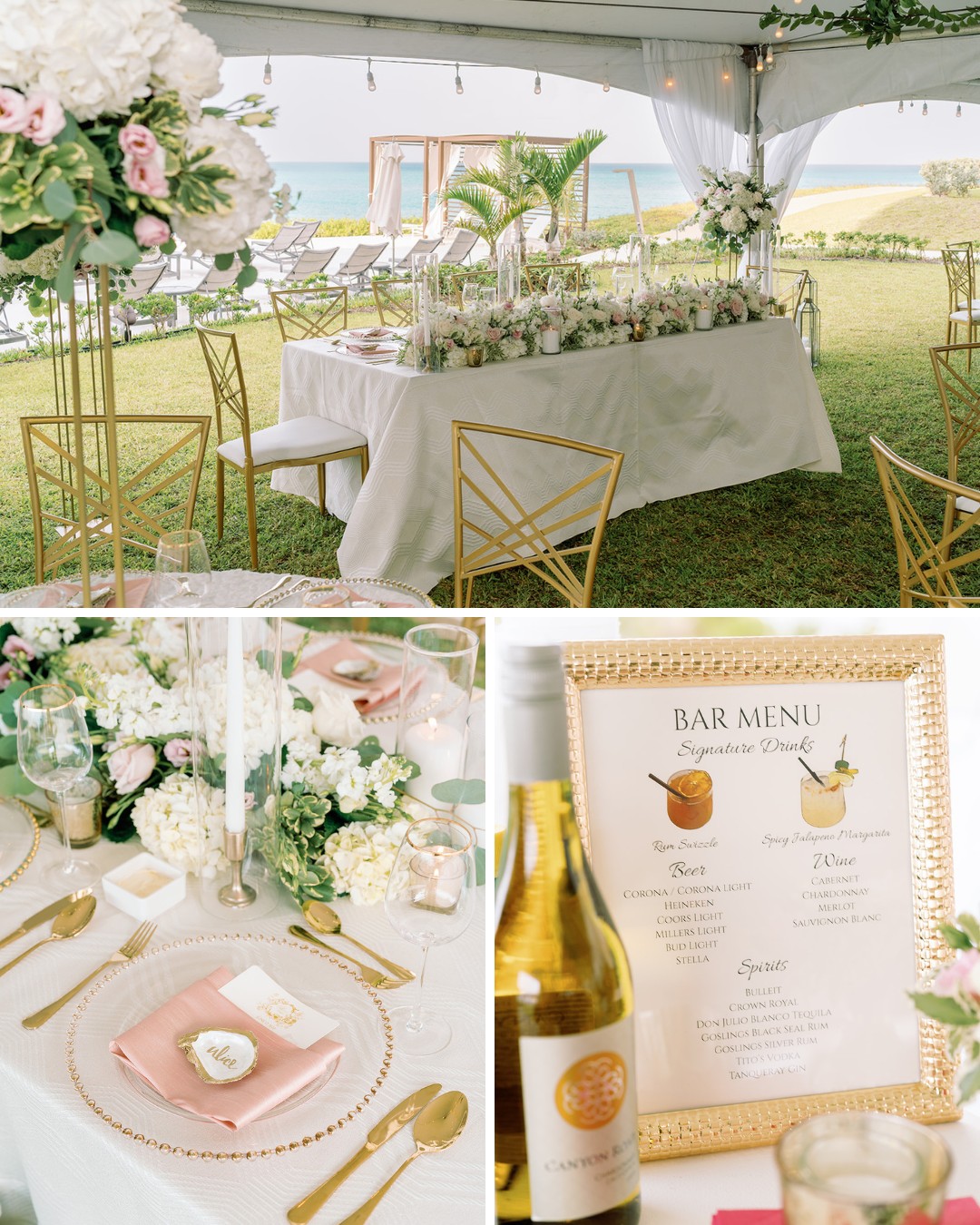 An elegant outdoor wedding reception setup featuring round and rectangular tables with white tablecloths and gold chairs. Tables are adorned with floral centerpieces, candles, and place settings with pink napkins. A bar menu and wine display are shown in close-up.