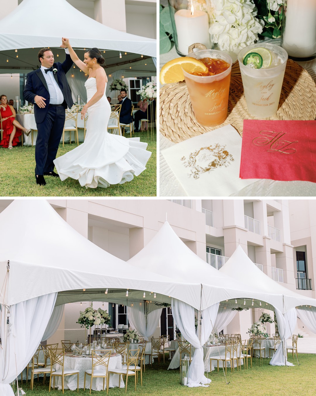 A collage of a wedding reception featuring a bride and groom dancing under a white tent adorned with string lights, elegantly set dining tables, white floral arrangements, customized drinks with orange and lime garnishes, monogrammed napkins, and a large outdoor white tent.