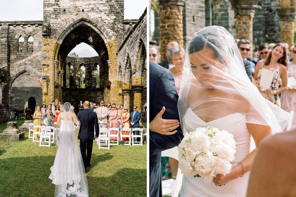 Left image: A bride, in a white dress with a long train, walks down the aisle with her father under a stone arch in a historic, partially ruined church. Guests sit on white chairs on the grass. Right image: The bride holds a bouquet of white flowers, her veil covering her face as she looks down. People in the background smile and watch.