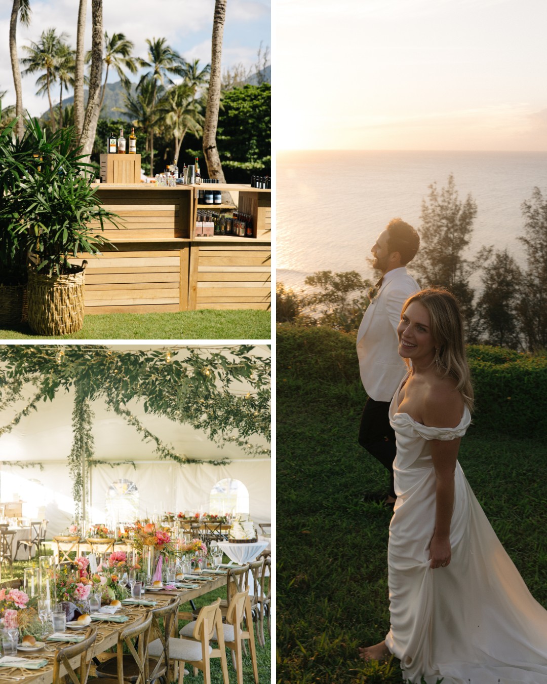 This image is divided into three sections: a wooden outdoor bar set among palm trees, a couple in wedding attire walking near a coastal cliff during sunset, and a wedding reception tent decorated with foliage and flowers over elegantly set tables.