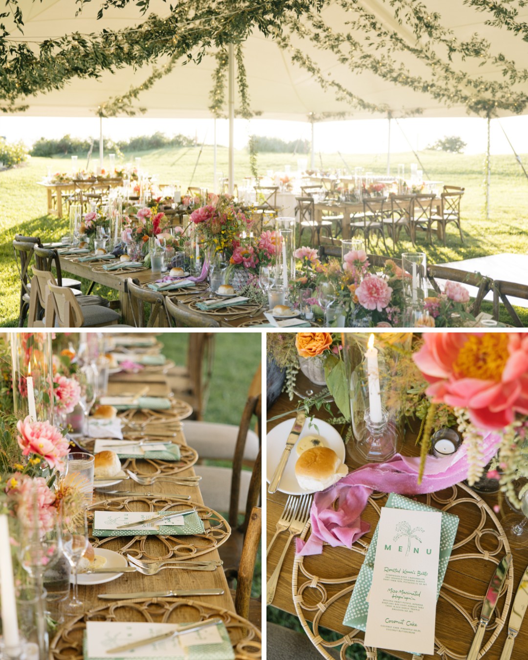 An outdoor wedding reception features long wooden tables adorned with colorful flowers, greenery, and candles under a tent. Each table setting includes a menu, glassware, and a woven placemat with silverware, a roll, and a napkin.