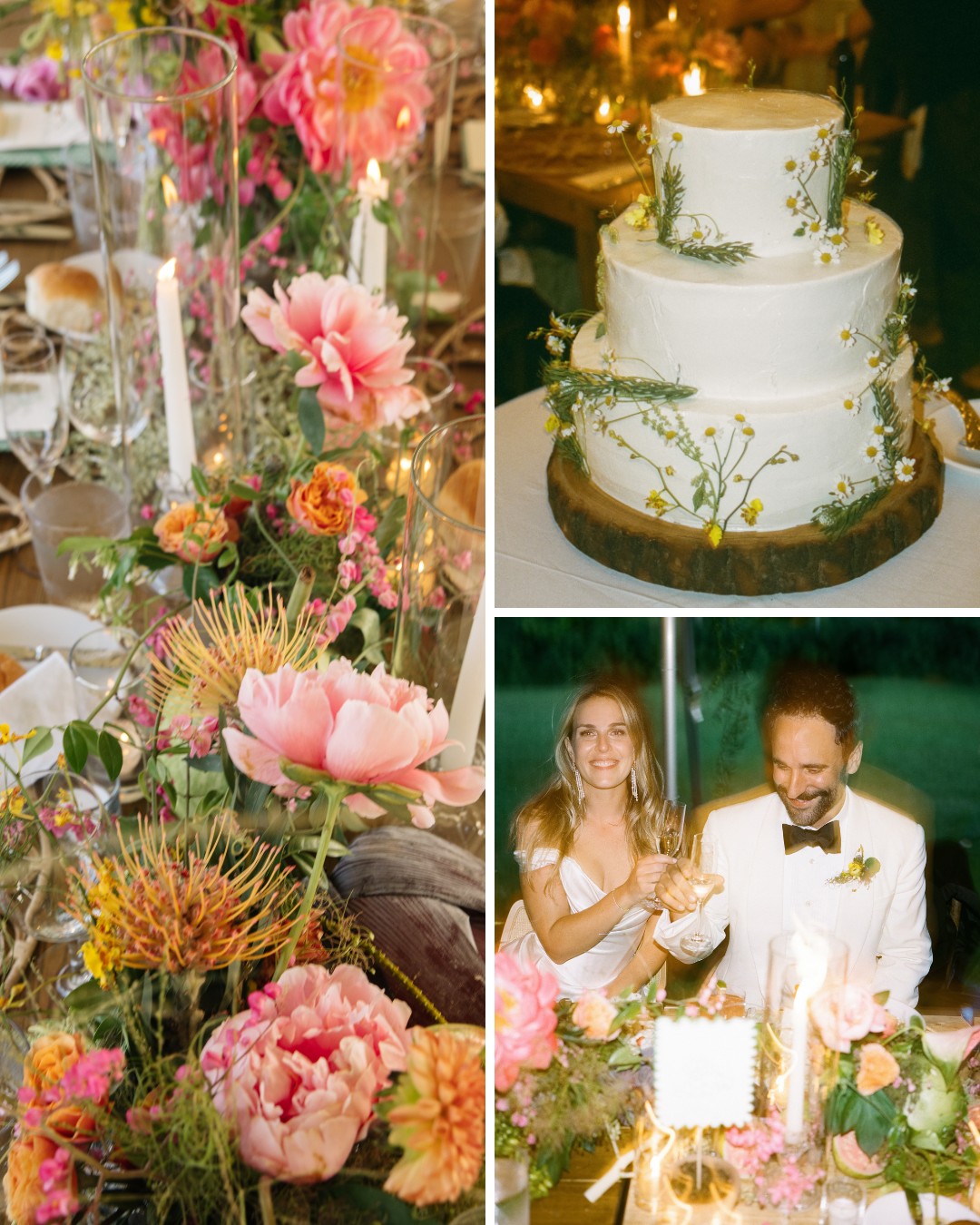 A three-image collage: Top-right shows a white wedding cake adorned with flowers. Bottom-right features a couple in wedding attire smiling by a decorated table. Left side displays a close-up of colorful floral centerpieces and lit candles on a dining table.