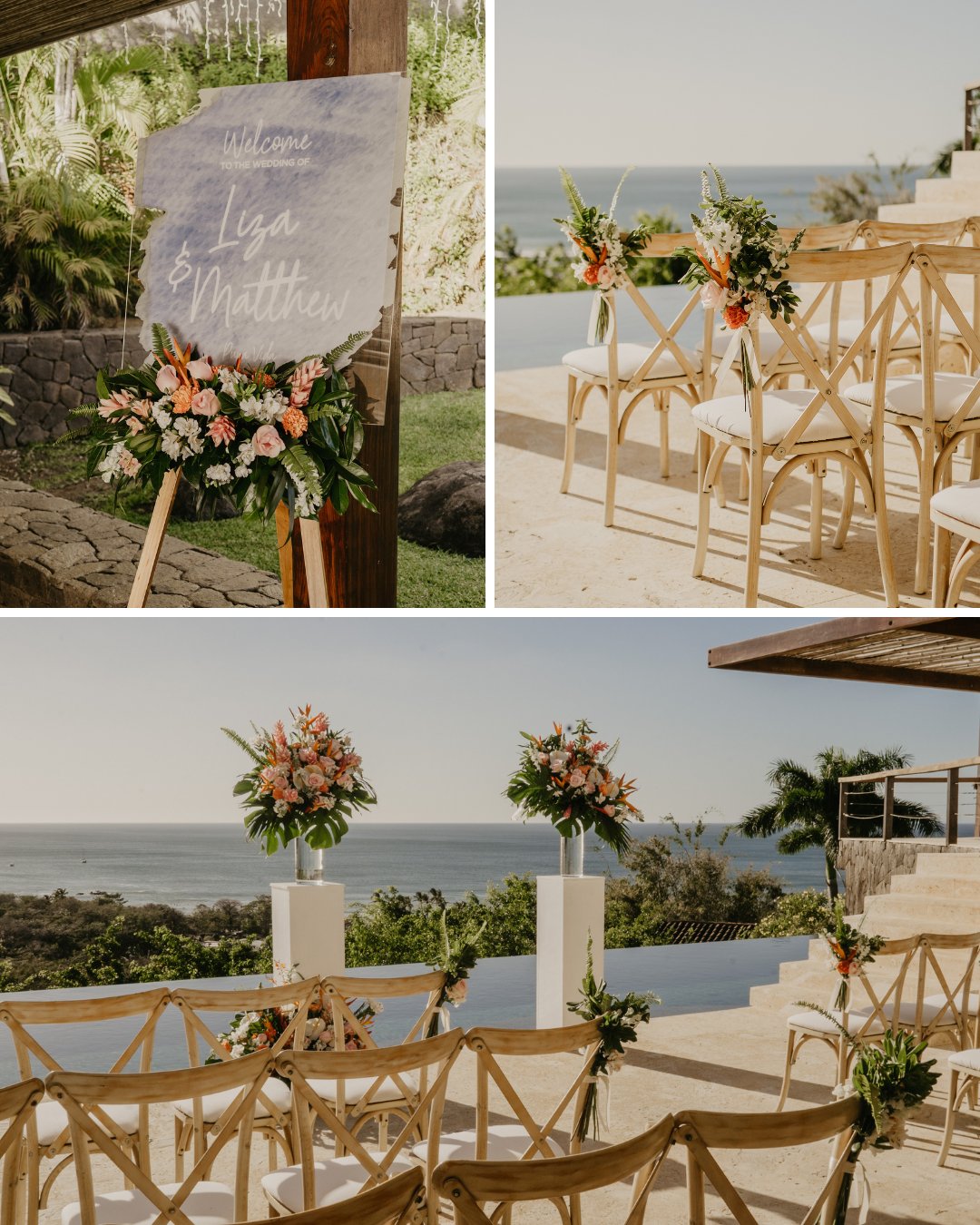 A wedding ceremony setup with a scenic ocean view. The top left image shows a sign with "Welcome Liza & Matthew" surrounded by flowers. The top right and bottom images display rows of wooden chairs adorned with floral arrangements overlooking the sea.
