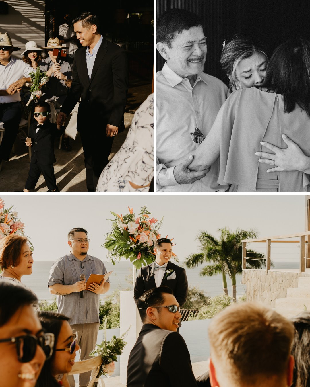 A collage of wedding moments: A boy in a suit and sunglasses walks down the aisle with a couple, an emotional hug between the bride and two older individuals, the groom waiting at the altar, and guests smiling during the ceremony with an ocean view backdrop.