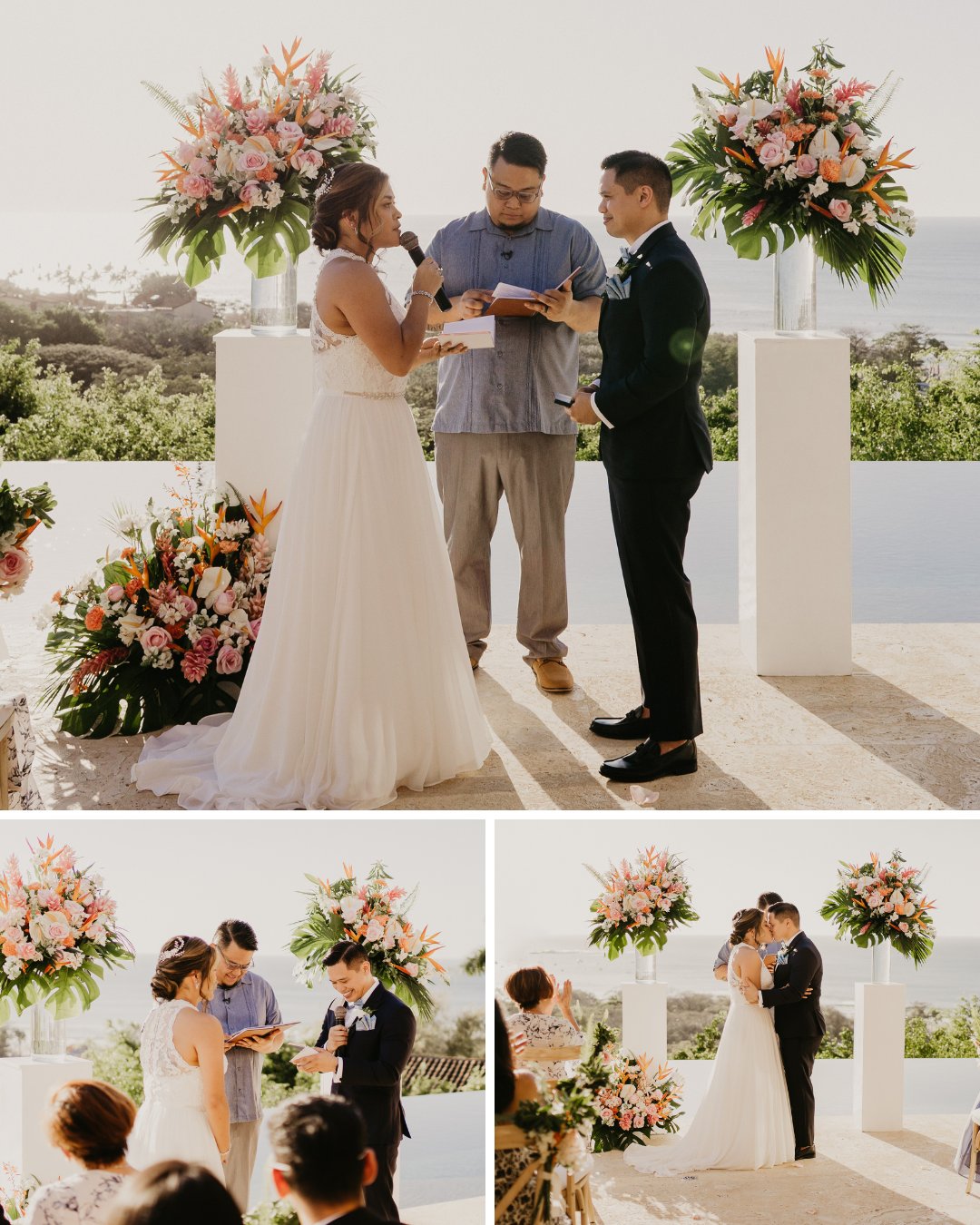 A bride and groom stand at an outdoor altar covered in pink and orange flowers with an ocean view in the background. The couple holds hands as a man officiates. Bottom images show the couple exchanging vows and kissing, with guests seated and watching.