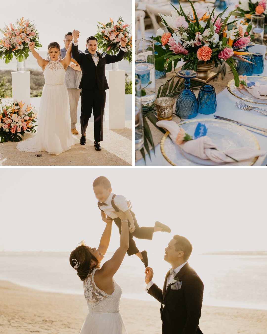 A three-part collage captures a beach wedding. The top image shows the couple celebrating with raised hands at the altar. The middle image displays a colorful, elegant table setting with floral arrangements. The bottom image portrays the couple playing with a young child by the water.