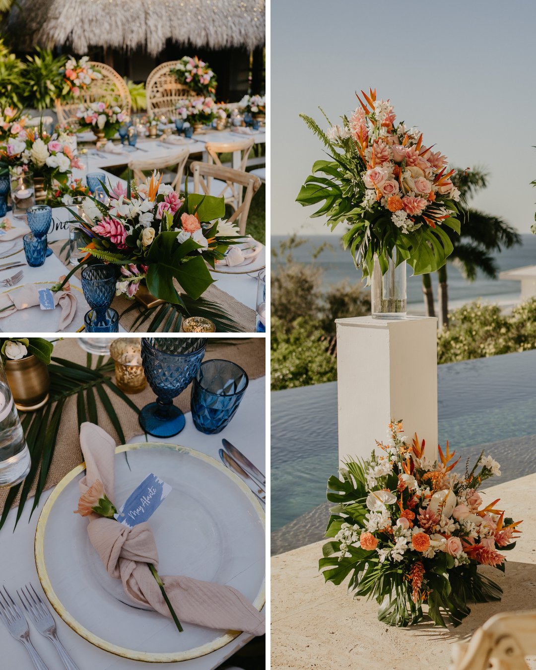 A collage showing a tropical-themed outdoor wedding setup. Tables are adorned with vibrant floral centerpieces of pink, orange, and white flowers among lush greenery, set with blue glassware and elegant place settings. A floral arrangement sits beside a pool with a scenic view.