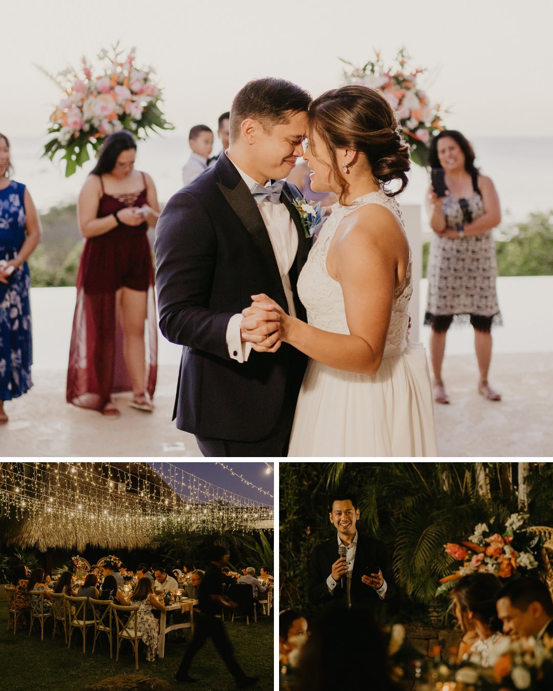 Three-photo collage: Top: A couple dances at their wedding, surrounded by guests and floral arrangements. Middle: Guests seated at an elegantly decorated outdoor dinner under string lights. Bottom: A man in a navy suit addresses the gathering with a microphone.