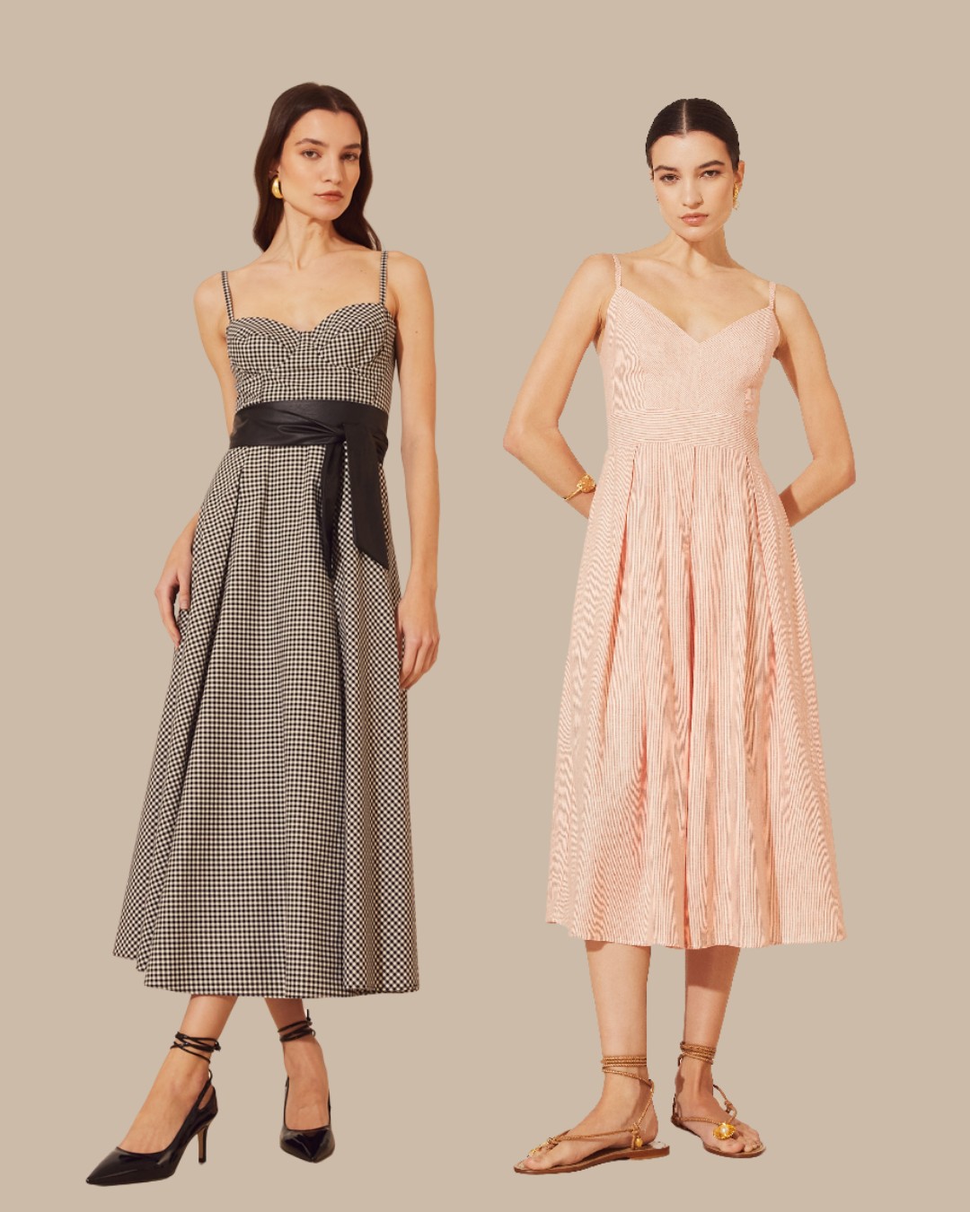 Two models showcase midi dresses; one wears a patterned black and white dress with a belt, while the other wears a light pink dress with pleats. Both are styled with simple accessories and shoes.