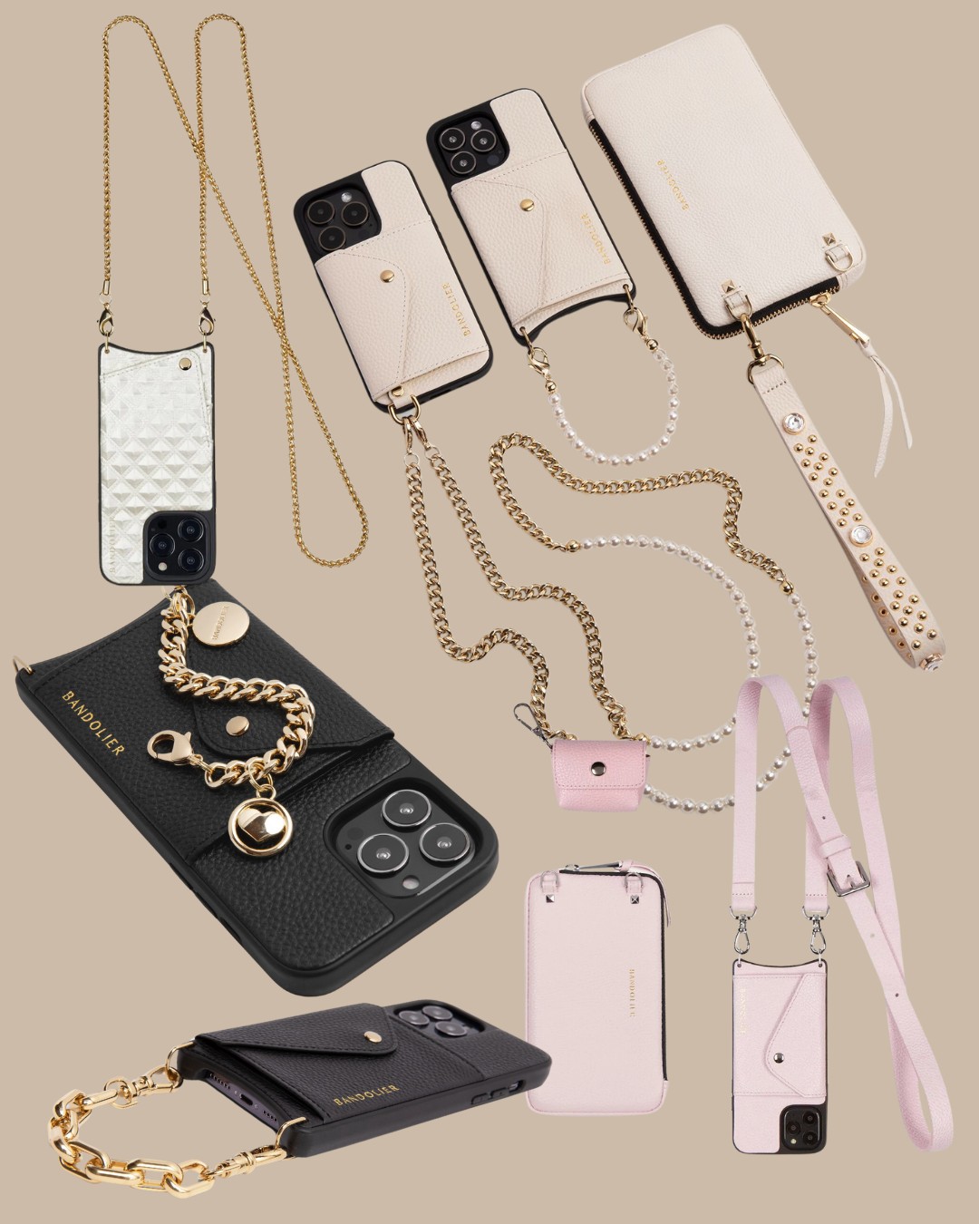 Various smartphone cases with attached straps and chains displayed against a beige background.