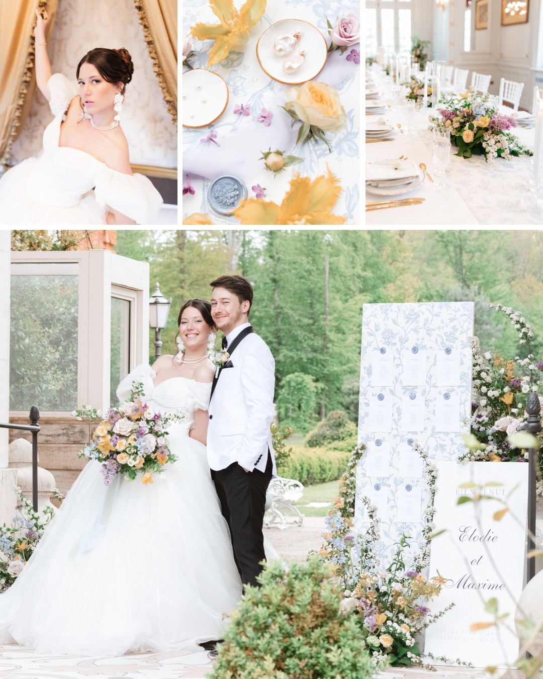 A collage of wedding photos featuring a bride and groom, a floral table setting, decorative details with yellow flowers, and a place card. The couple stands outdoors, the bride holding a bouquet.