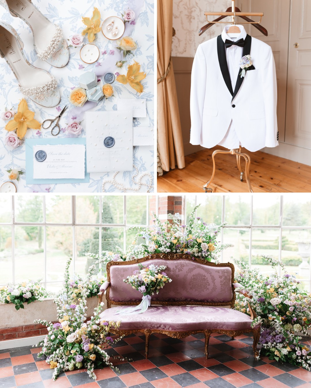 A collage shows bridal accessories, a groom's white suit, and a floral arrangement with a purple couch. The bridal items include shoes, rings, and invitations with yellow flowers.