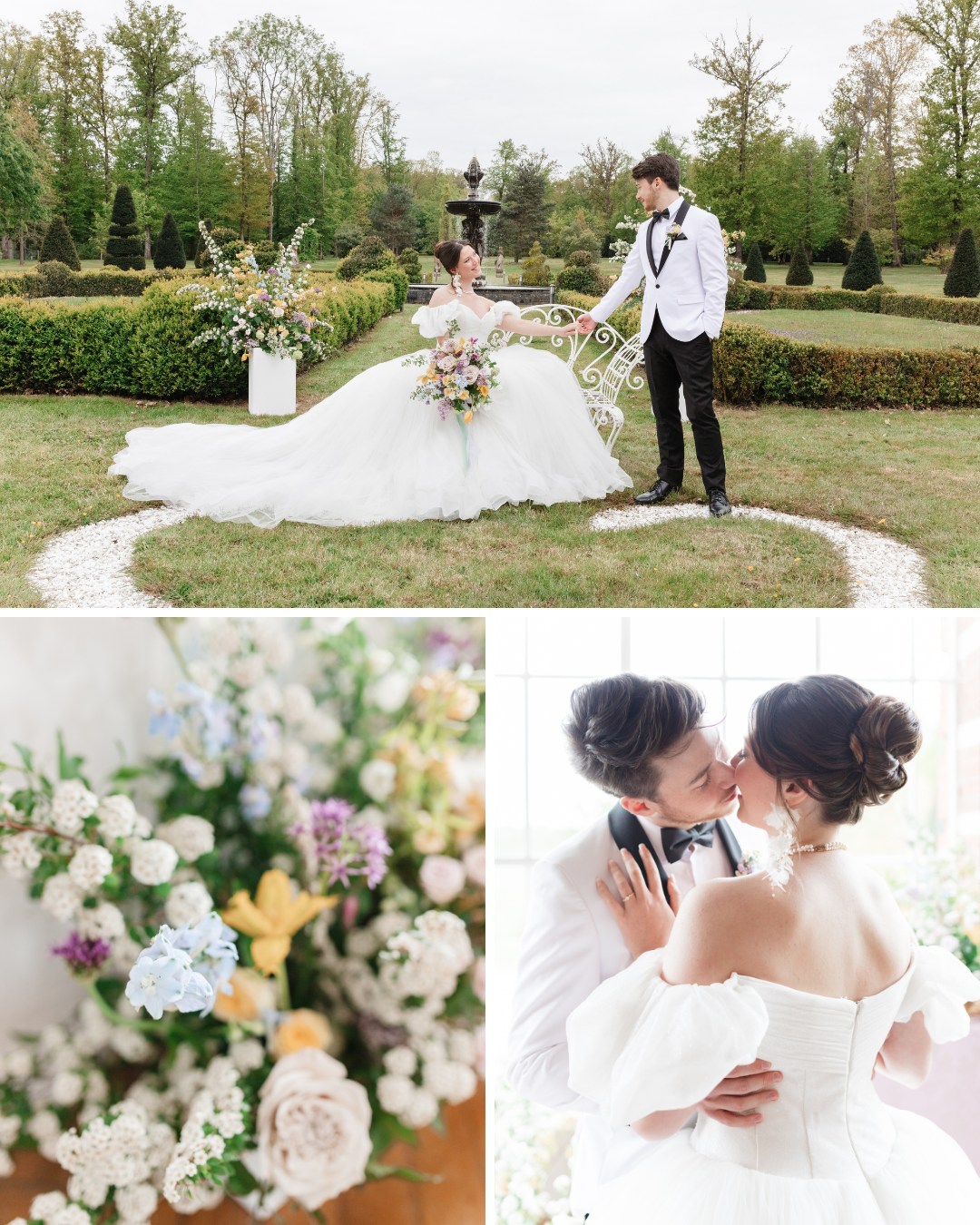 A wedding photo collage shows a bride and groom in a garden, a bouquet of flowers, and the couple kissing indoors. The bride wears a white dress, and the groom is dressed in a black and white suit.