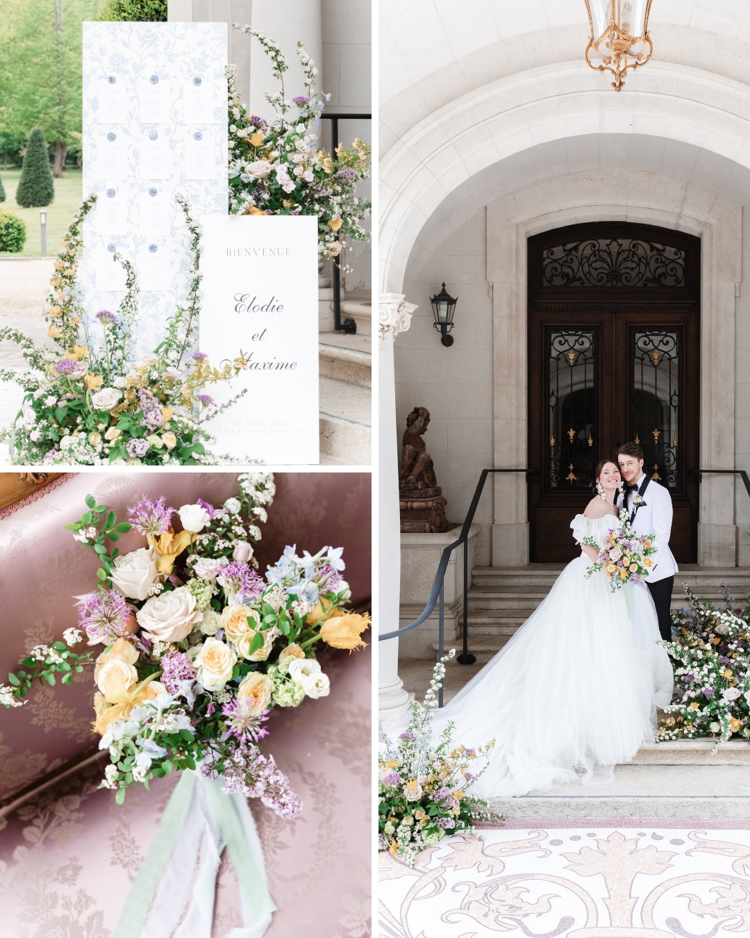 A wedding collage featuring a bride and groom on steps in front of a building, floral arrangements, and a wedding welcome sign with "Bienvenue Elodie et Maxime.