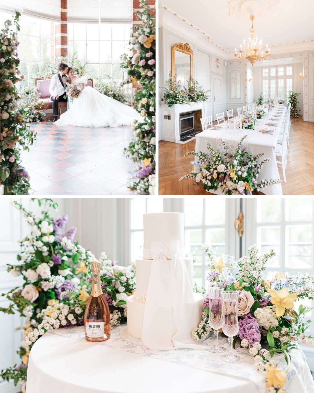 Bride and groom seated amid floral decorations; elegantly set long dining table with white chairs and chandeliers; table with champagne, glasses, and a white cake surrounded by flowers.