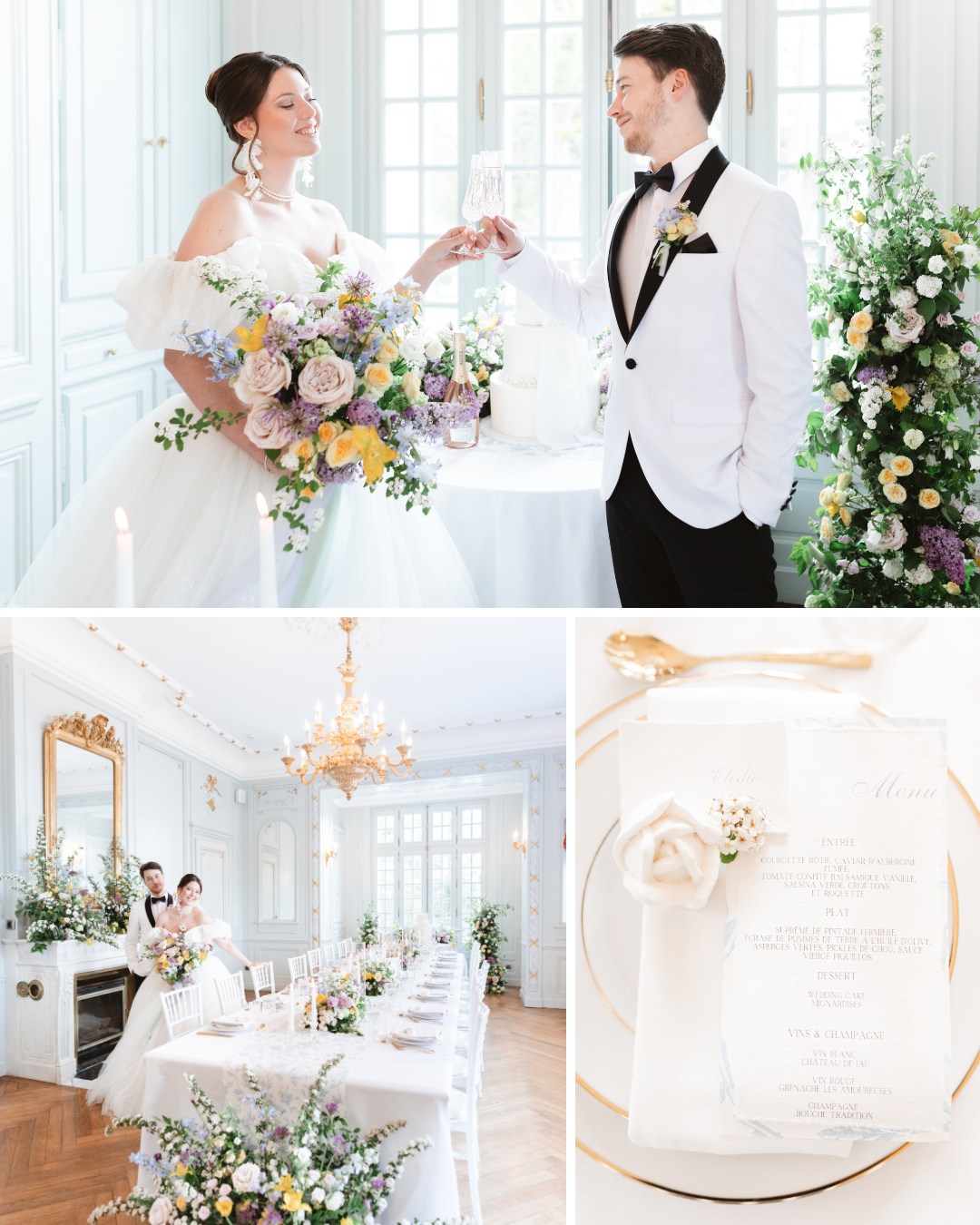 A bride and groom toast at a floral-decorated table in an elegant room. Below, a set dining table with floral arrangements and a close-up of a white napkin with a menu and rose decor are shown.