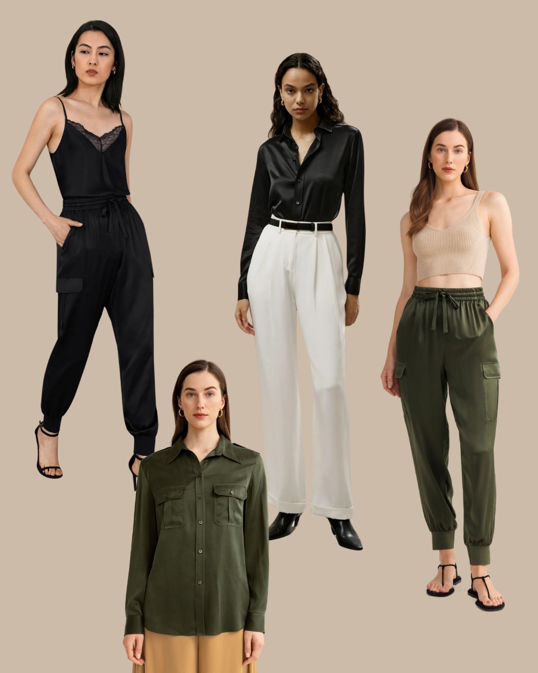 Four women are modeling different outfits, including two wearing black tops and pants, one in a black shirt with white trousers, and another in a beige top with olive green cargo pants.