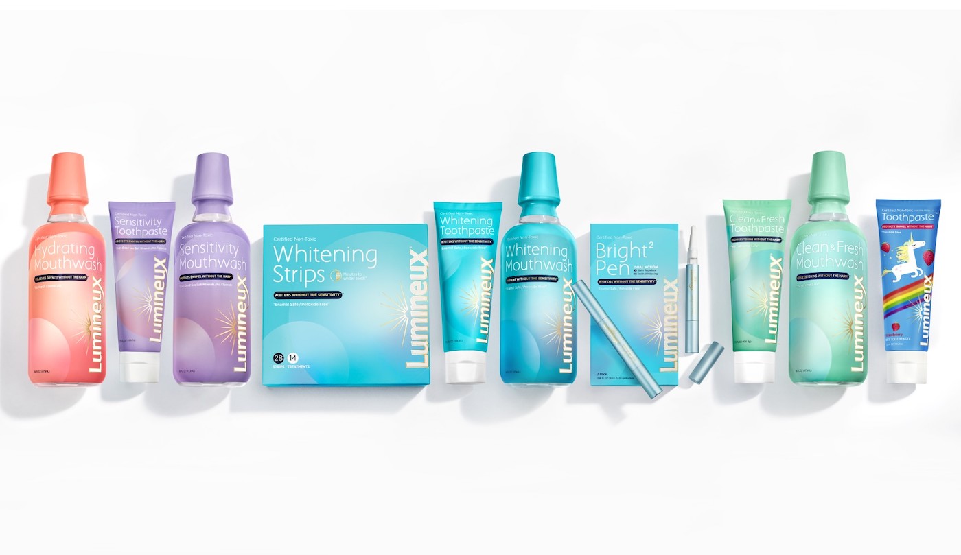 A lineup of dental hygiene products from Lumiuux, including mouthwash, whitening strips, toothpaste, and a brightening pen, arranged side by side against a white background.