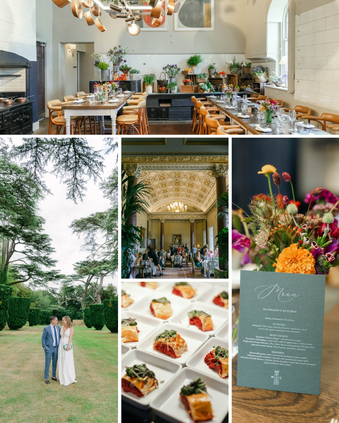 A collage of wedding photos including a decorated dining area, a couple in a garden, a detailed interior, flower arrangements, plated appetizers, and a wedding menu on a grey card.