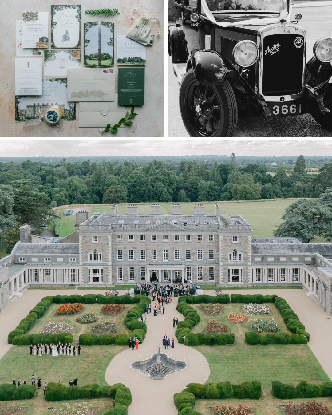 A collage featuring a wedding invitation suite, a vintage car, and an aerial view of an elegant mansion with gardens, where a wedding party is gathered.