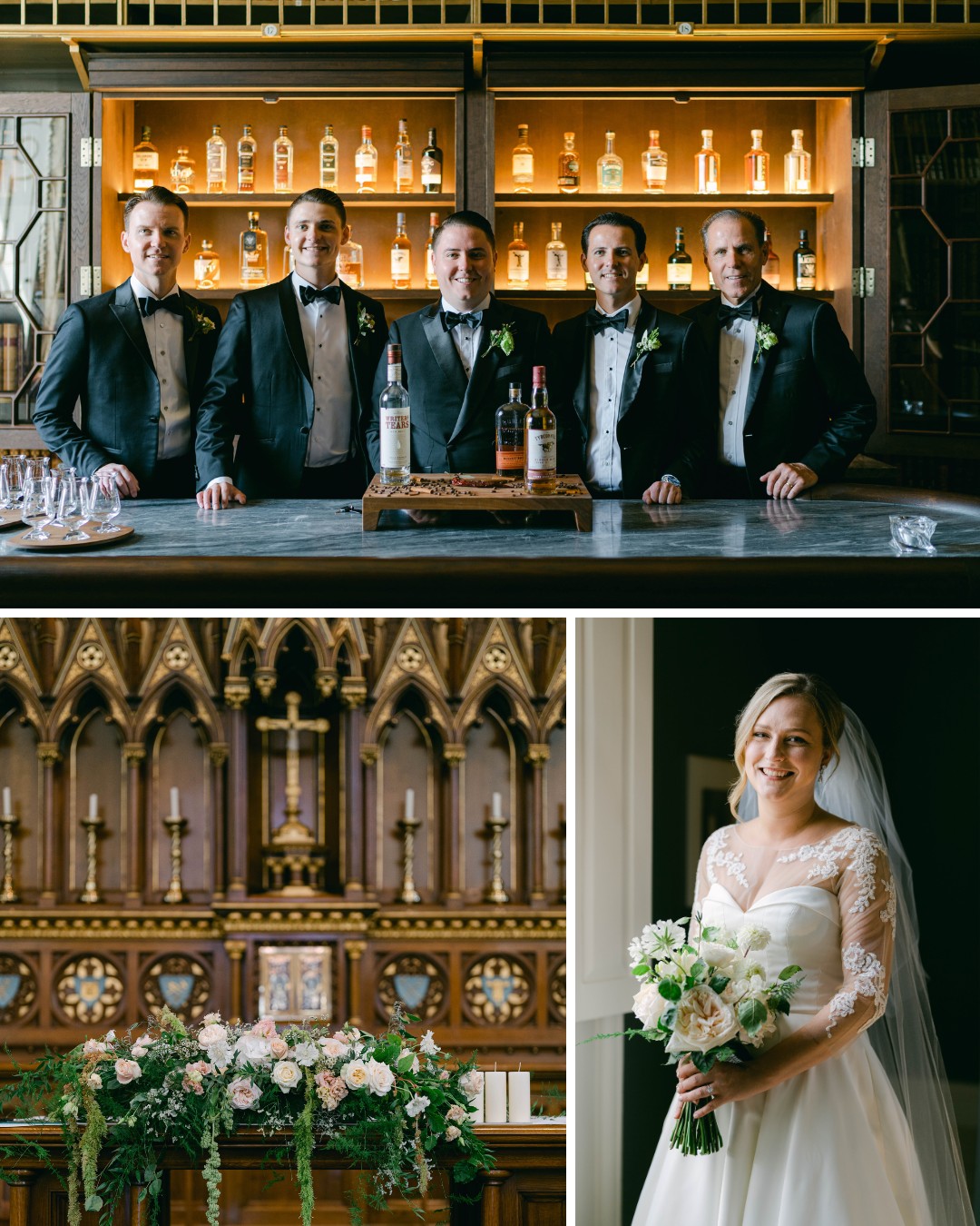 Top image: Five men in suits standing behind a bar. Bottom left: Ornate wooden altar decorated with flowers. Bottom right: Smiling bride in a white dress holding a bouquet.