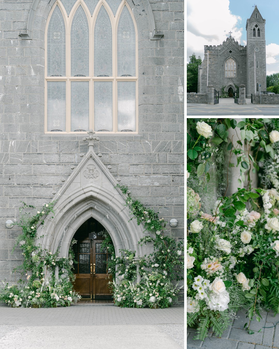 Three images of a stone church: one shows an arched doorway adorned with greenery and white flowers, another details the flower arrangement, and the last is an overview of the church exterior.