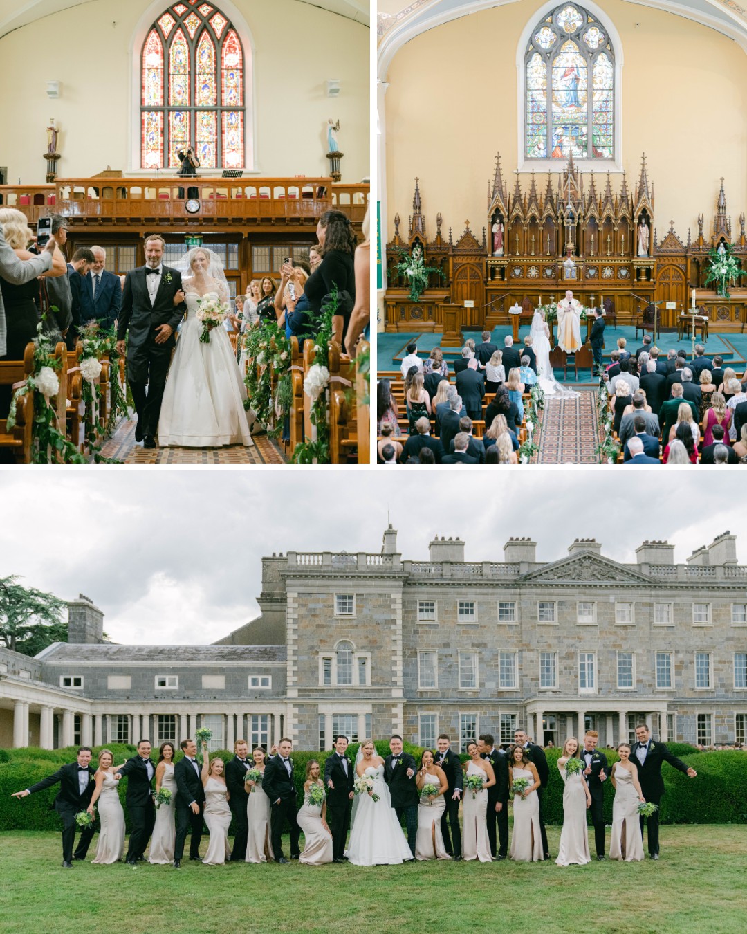 A wedding ceremony at a church, followed by a group photo of the bride, groom, and wedding party in front of a large historic building.