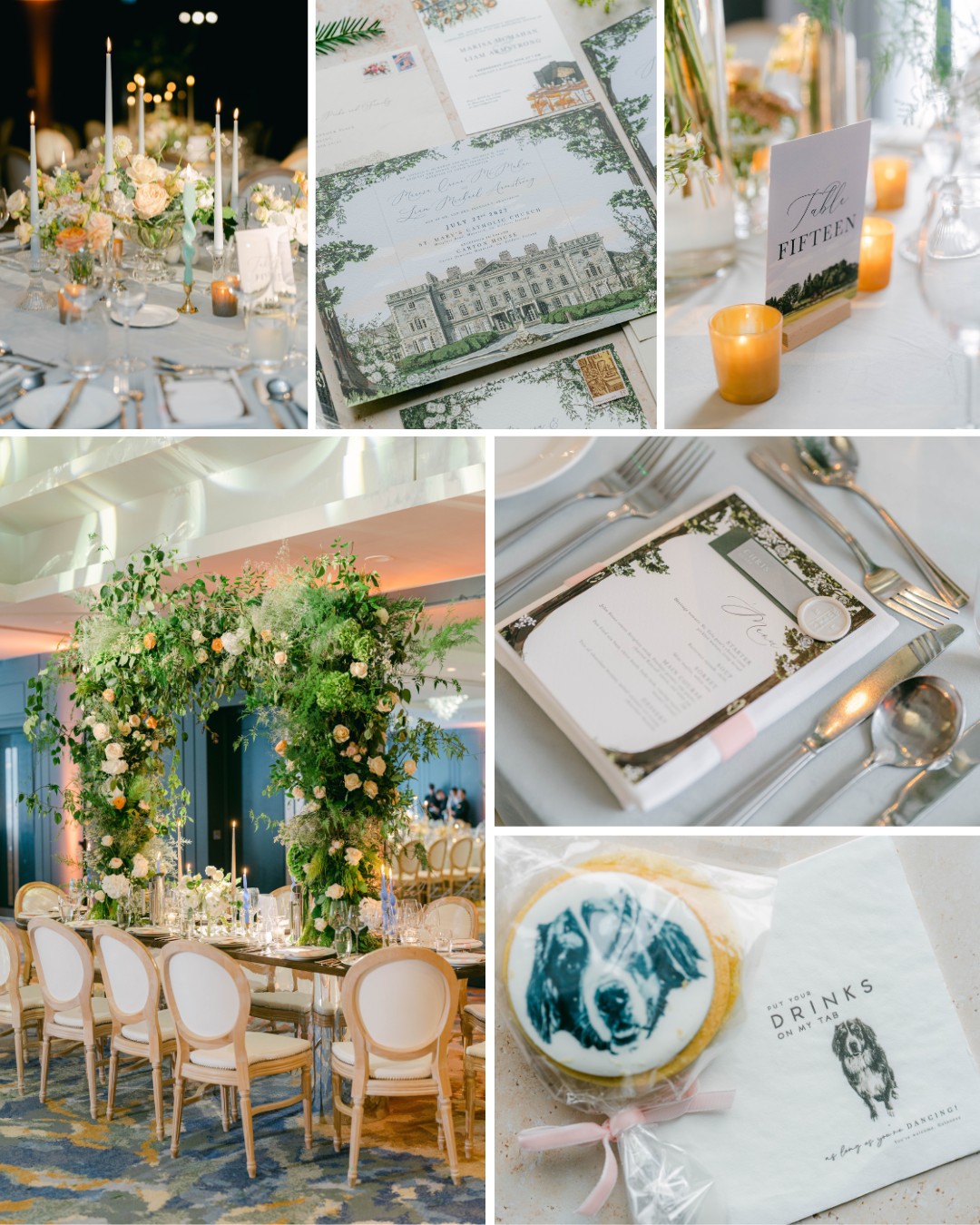 A collage of wedding decor showing a close-up of menus, table settings, a seating card for Table Fifteen, an ornate dining table with floral centerpiece, and a custom cookie.