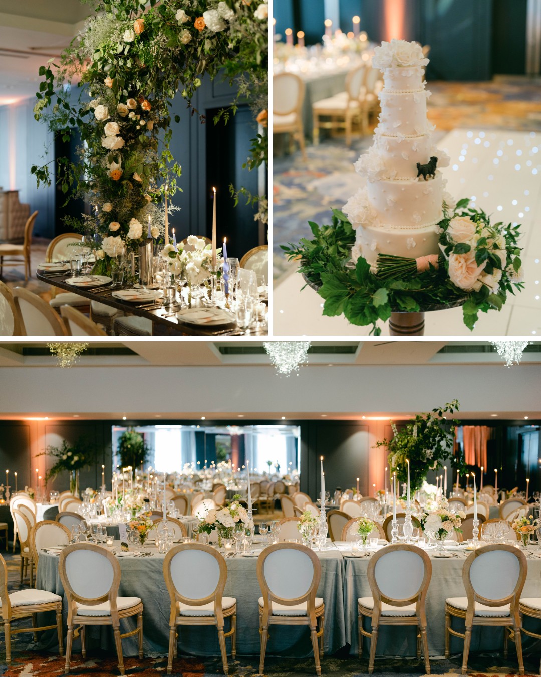 A wedding reception setup featuring elegant table arrangements with flowers and candles, a tiered wedding cake adorned with floral decorations, and a dining area with round tables and upholstered chairs.