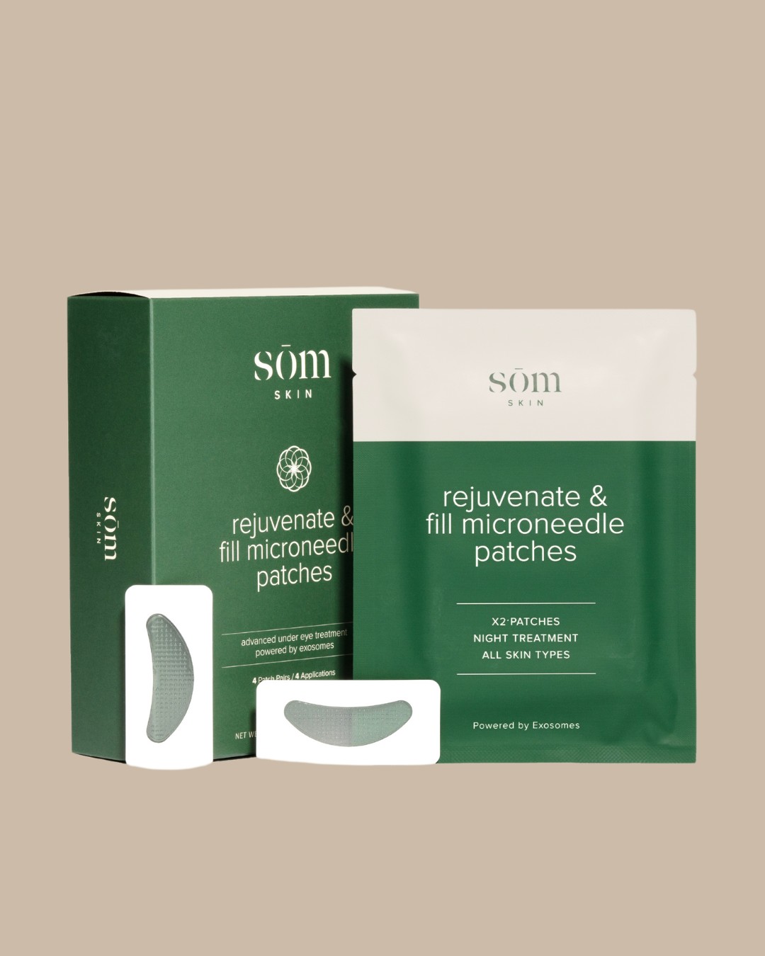 Packaging for "som Skin" rejuvenate and fill microneedle patches. The set includes a green box, a single-use pack, and a pair of small adhesive patches.