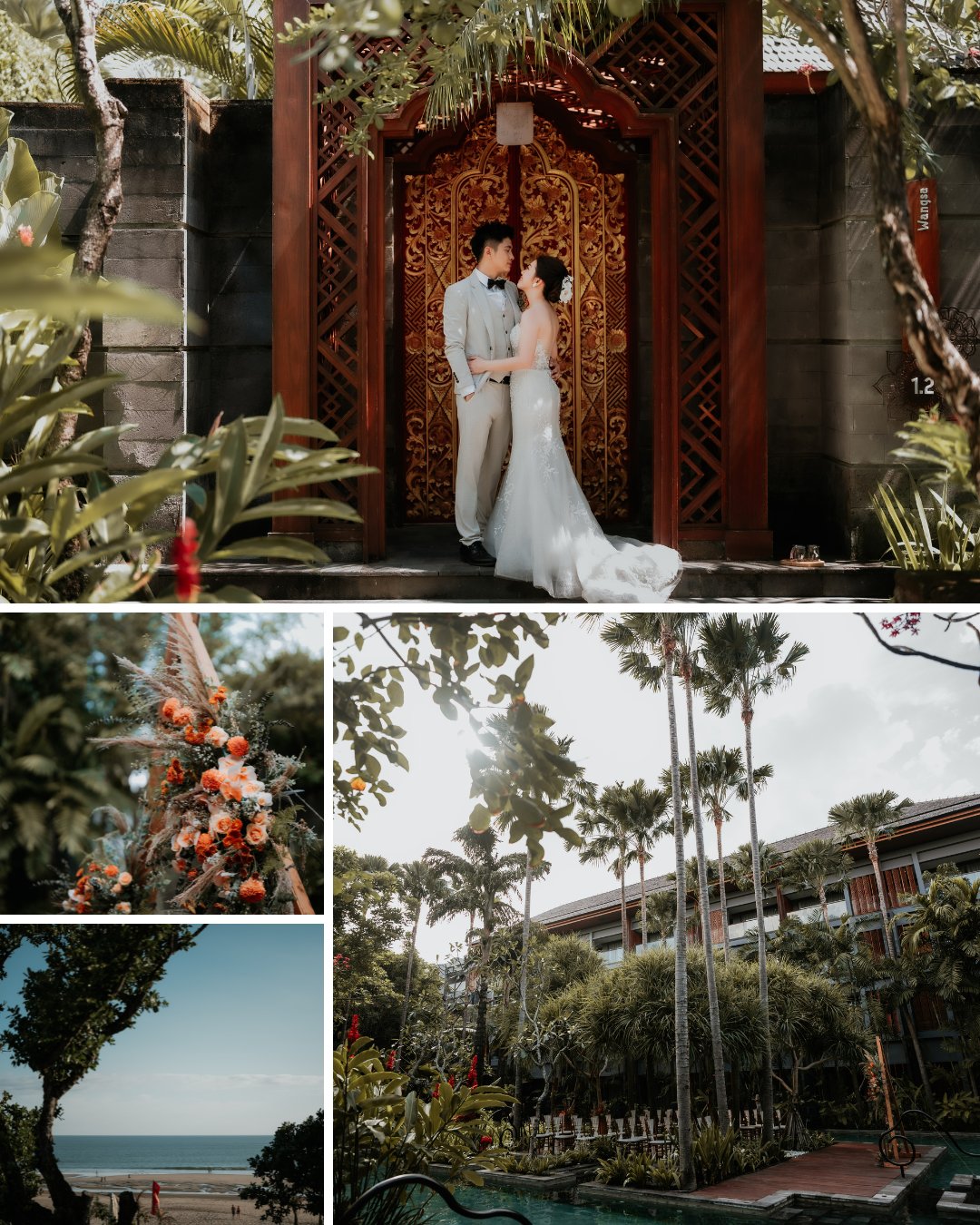 A collage of wedding photos featuring a couple posing in front of a wooden door, floral arrangements, palm trees with sunlight filtering through, a beach, and a resort pool area surrounded by greenery.