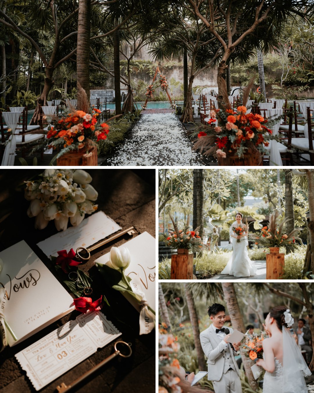 A wedding ceremony setup outdoors with floral decorations. The collage includes a photo of the bride walking down the aisle, rings with vows, and the couple exchanging vows under an archway.