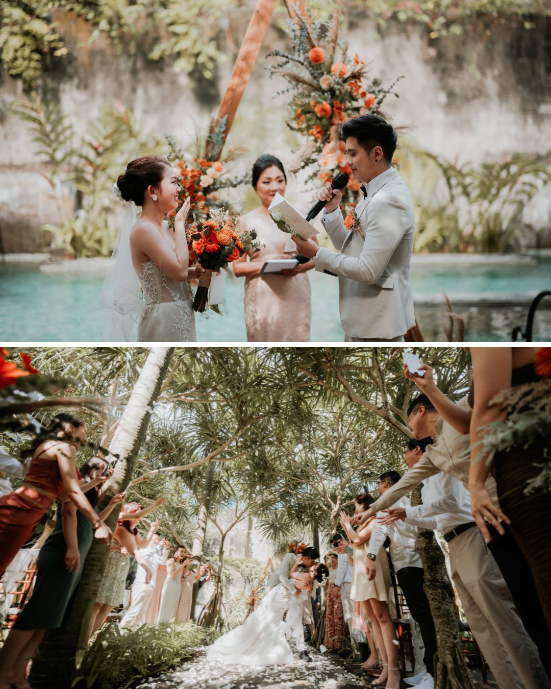 A couple stands by a pool exchanging vows during a wedding ceremony. In another scene, newlyweds walk down an aisle lined with guests holding flower petals.