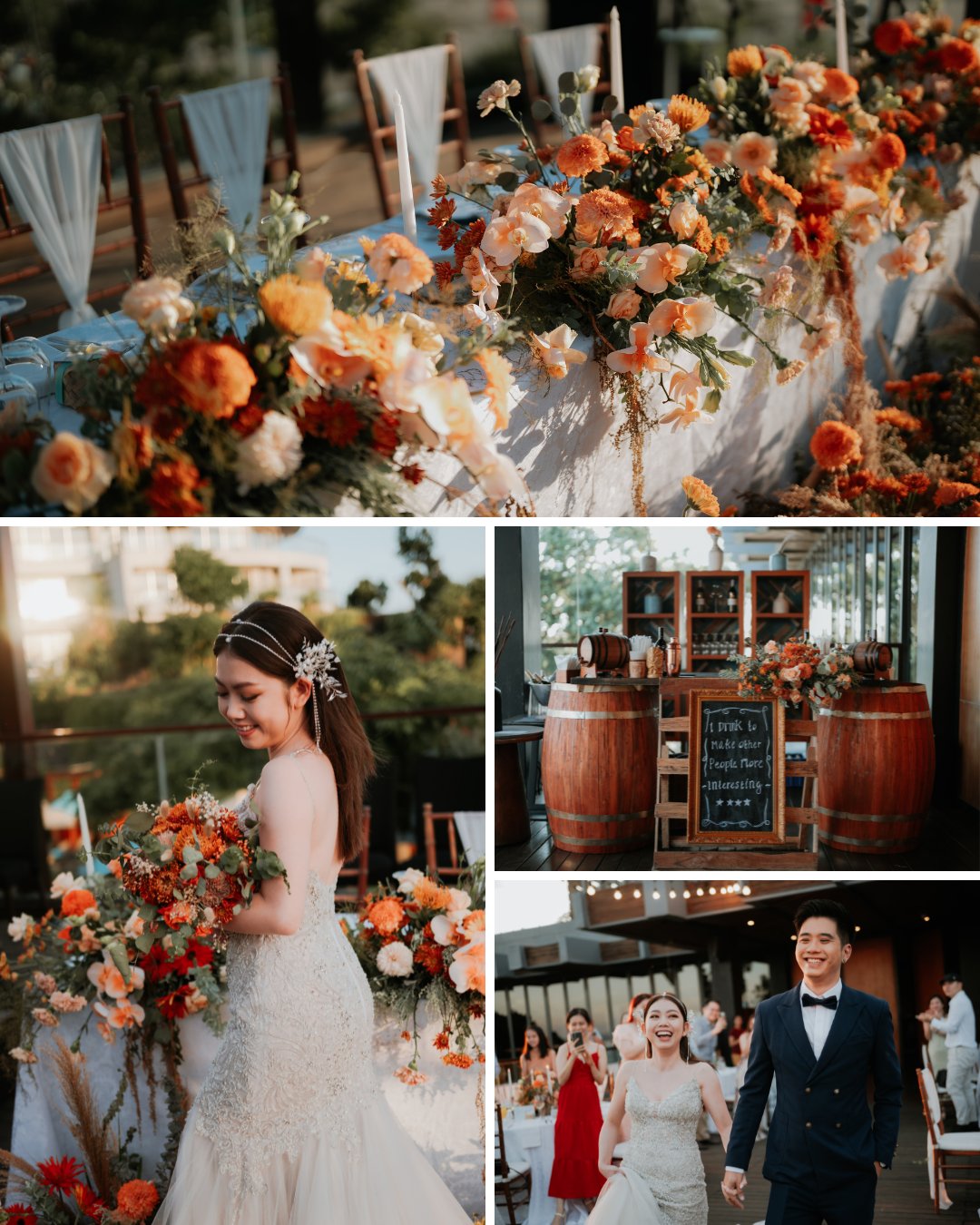 Three-part collage from a wedding: an elegantly floral-decorated table, a bride holding a bouquet, and a couple dressed in formal attire smiling while walking hand-in-hand.