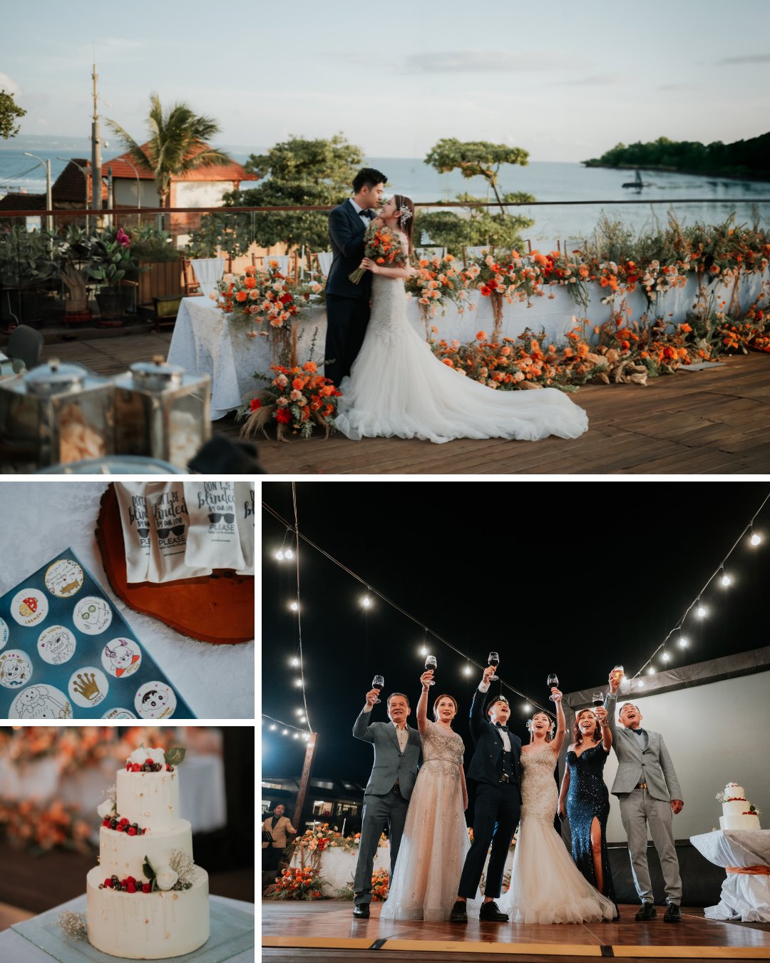 A beach wedding with a bride and groom kissing at the altar, decorated tables, a tiered wedding cake, wedding-themed cookies, and a group of people raising glasses under string lights at night.