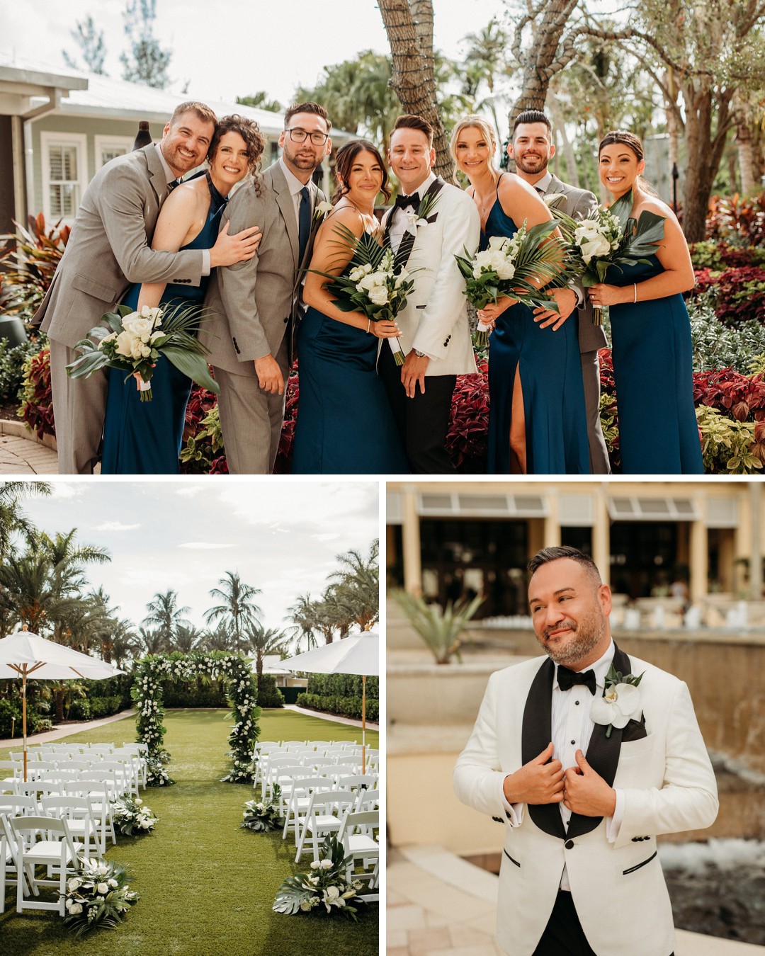 Collage of a wedding: the top image shows a wedding party posing together, smiling in elegant attire with tropical foliage; the bottom-left image shows an outdoor ceremony setup with white chairs and floral arrangements; the bottom-right image captures the groom in a white jacket.