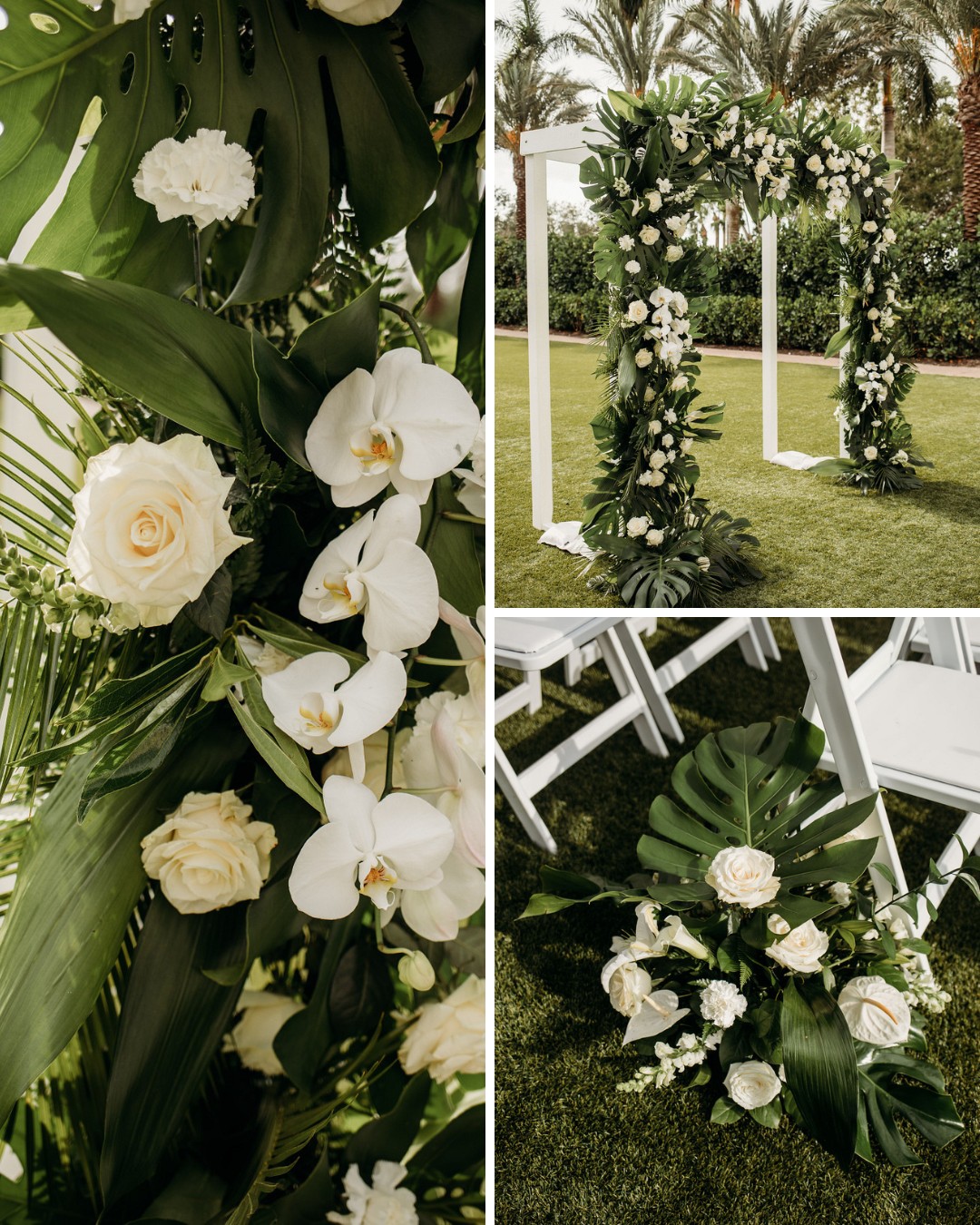 A collage of three photos showing a white and green floral wedding setup. The top photo shows a close-up of white roses, orchids, and green foliage. The middle photo displays a lush flower-covered arch. The bottom photo shows greenery and white flowers next to white chairs.