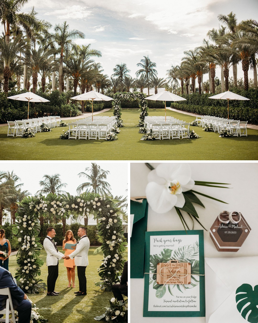 A tropical outdoor wedding setup features green lawn, palm trees, and white chairs arranged in a semi-circle with floral decorations and canopies. A couple exchanges vows before an officiant under a floral arch. Wedding invitations and rings are displayed close-up.