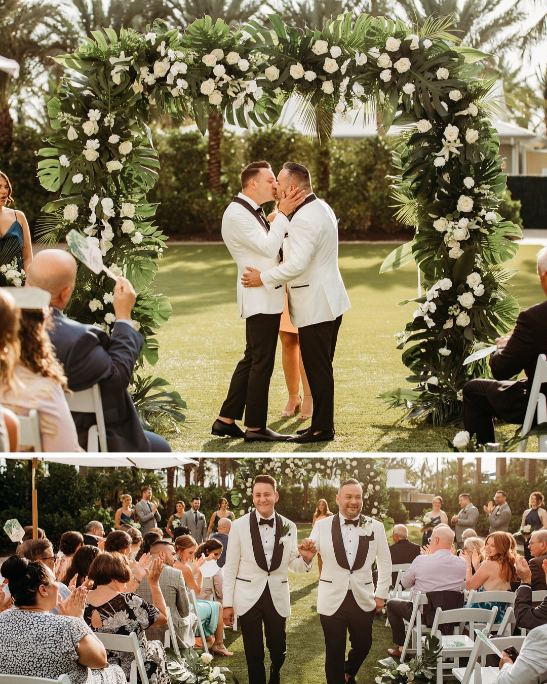 A same-sex couple, both wearing white tuxedos with black bow ties, are seen kissing under a floral archway decorated with white flowers and greenery in the top image. In the bottom image, the newlyweds walk down the aisle together to cheers and applause from their guests.