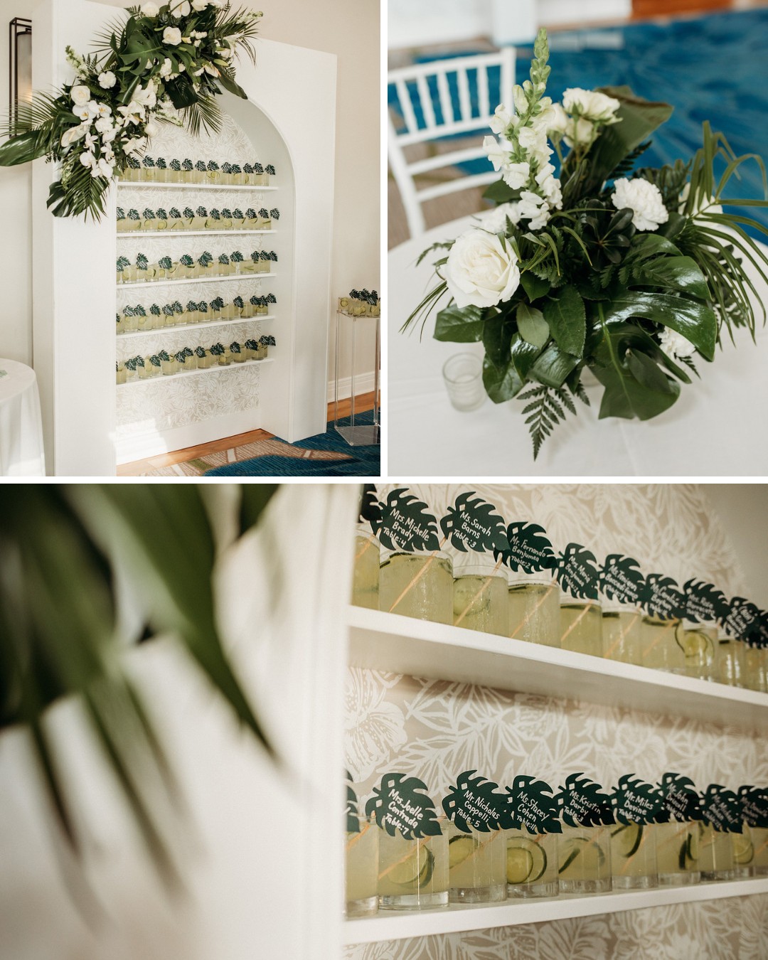 A collage image showing a tropical-themed wedding. It includes shelves with neatly arranged escort cards with green leaves on them, a close-up of the cards, and a floral centerpiece featuring white roses and greenery on a table with white chairs in the background.