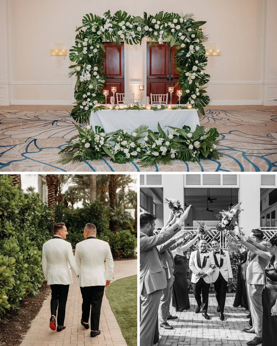 A wedding collage: Top image shows a decorated altar with greenery and white flowers around double doors, candles, and a draped table. Bottom left image captures two people in white jackets walking hand-in-hand. Bottom right image shows a jubilant wedding party with raised bouquets.