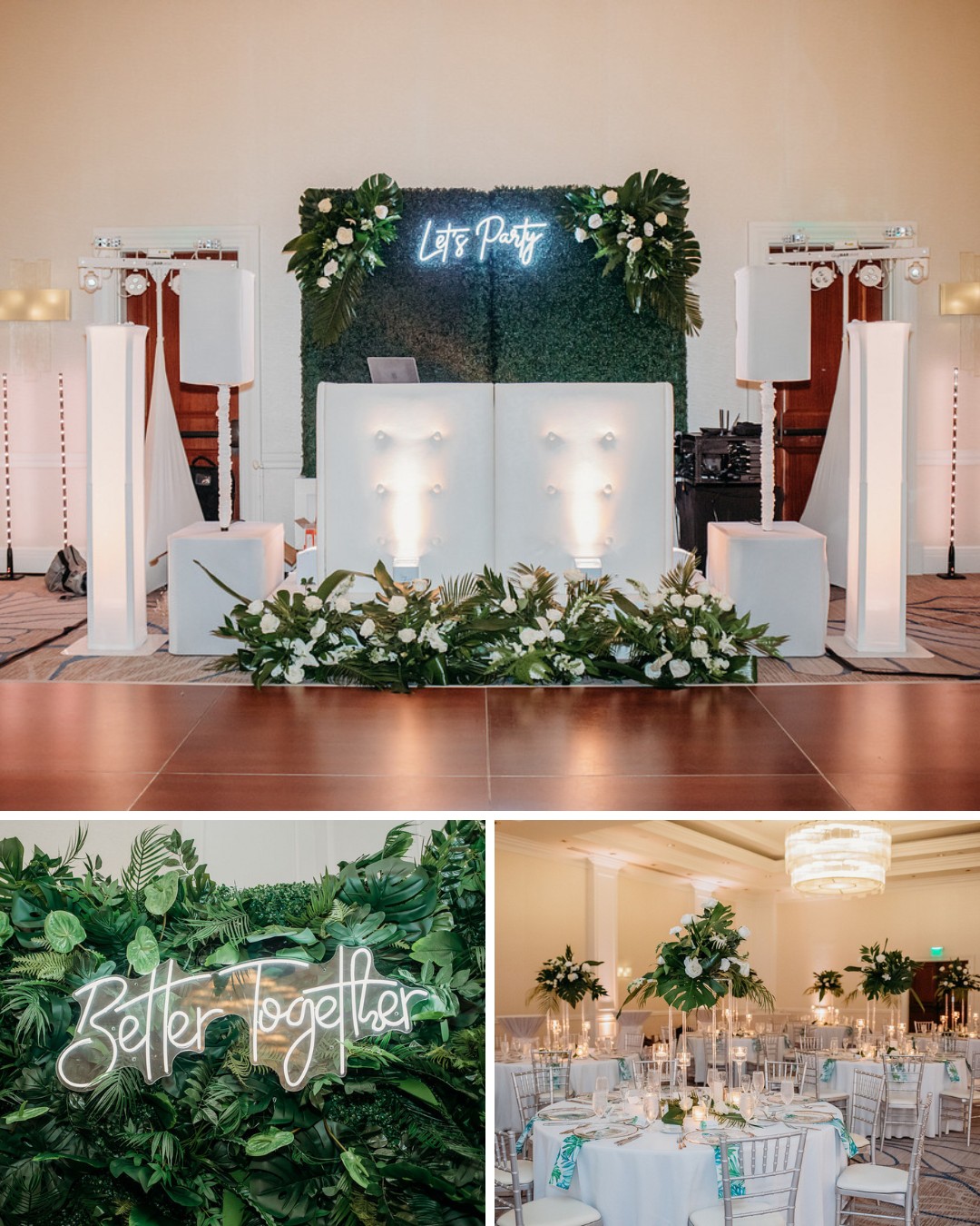 A photo collage showcasing wedding decor. The top left image shows a white dance floor with a DJ booth adorned with greenery and white flowers. Above the booth, a neon sign reads "Let's Party." The top right image captures a close-up of the dance floor with towering white speakers on either side. The bottom left image features a lush green wall with a neon sign reading "Better Together." The bottom right image showcases a beautifully decorated wedding reception with round tables draped in white linens and adorned with tall floral centerpieces.