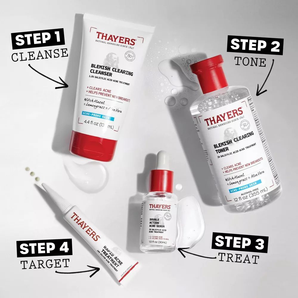 A skincare routine layout featuring Thayers products. Steps: Cleanse (Blemish Clearing Cleanser), Tone (Blemish Clearing Toner), Treat (Blemish Clearing Treatment), and Target (Blemish Stick).