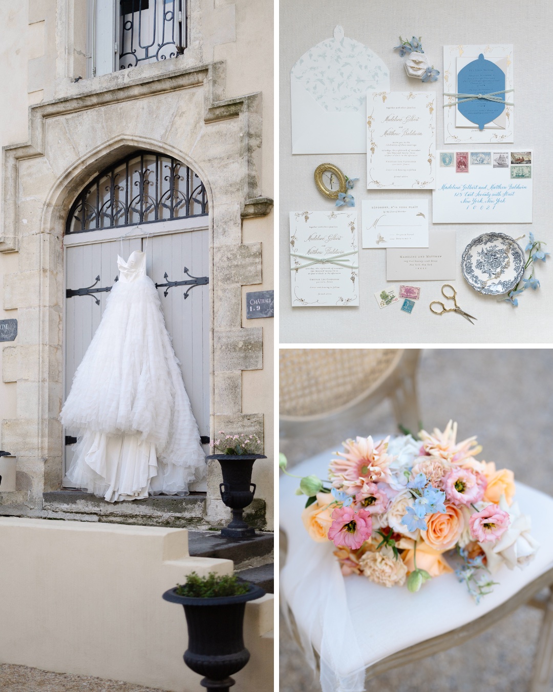 A wedding dress hangs on a door, alongside ornate wedding invitations and flatware, with a bouquet of pastel flowers placed on a chair.