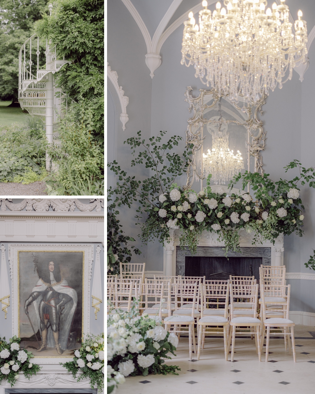 An elegant room decorated for an event with a chandelier, floral arrangements on a fireplace, and rows of chairs. Adjacent images feature a spiral staircase and a painting above a floral centerpiece.